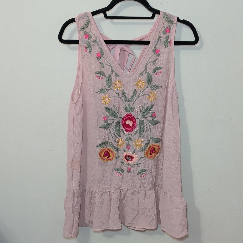 Entro Embroidered Ruffle Hem Tank Top Pink Floral Boho Fairycore Women's Size S